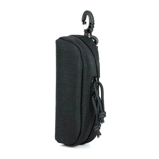 Tacticus MOLLE Glasses Case in camouflage, black, and mud – tactical sunglasses pouch with durable zipper and MOLLE straps.