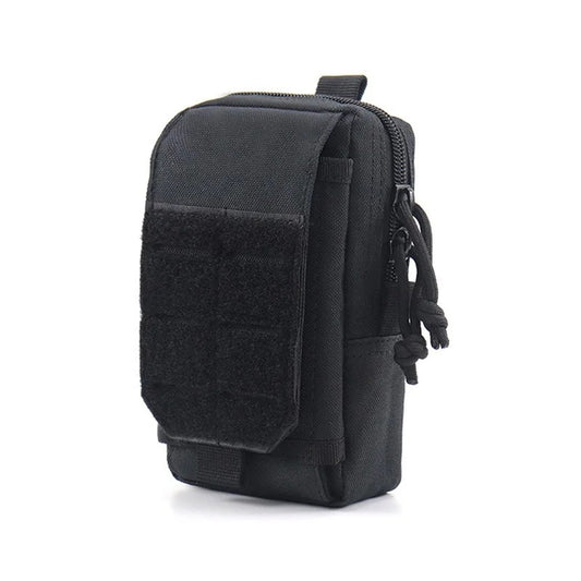 Black tactical MOLLE pouch with front and main compartments, sturdy webbing straps, and rugged nylon fabric — perfect for outdoor, military, and everyday carry use.