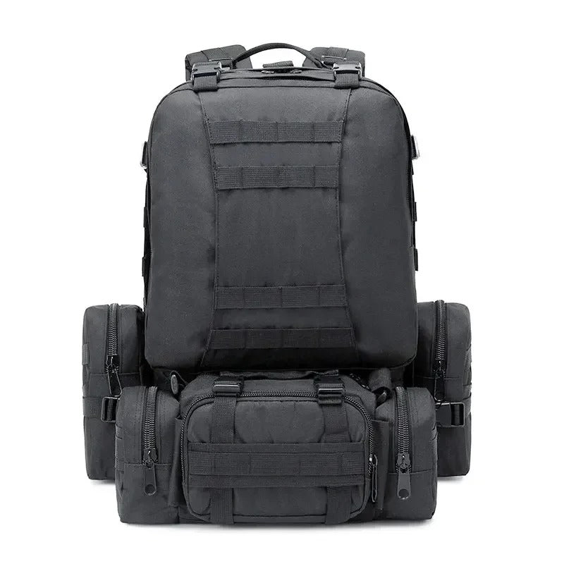Black 35-55L camping backpack offered by Tacticus Shop, designed for outdoor and tactical use.