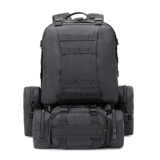 Black 35-55L camping backpack offered by Tacticus Shop, designed for outdoor and tactical use.