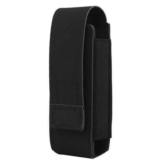 Black tactical pepper spray pouch with secure hook-and-loop closure, designed for belt attachment and outdoor or self-defense use.