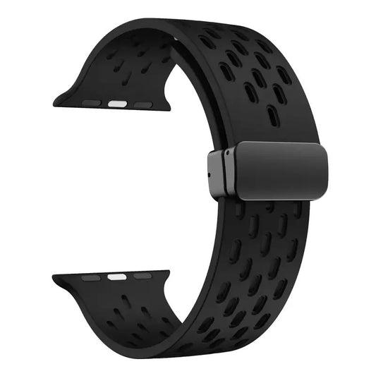 Black perforated rubber sport strap for Apple Watch with black clasp, compatible with all Apple Watch sizes