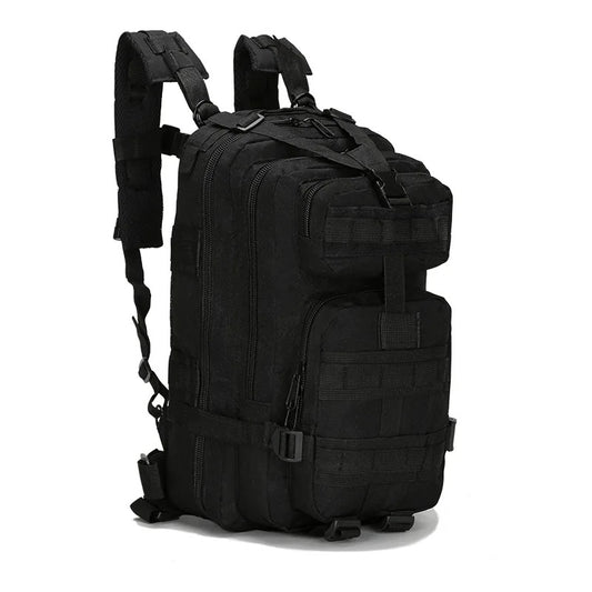 Black tactical backpack with multiple compartments, MOLLE system, adjustable shoulder straps, and sturdy construction, designed for outdoor hiking and military use.
