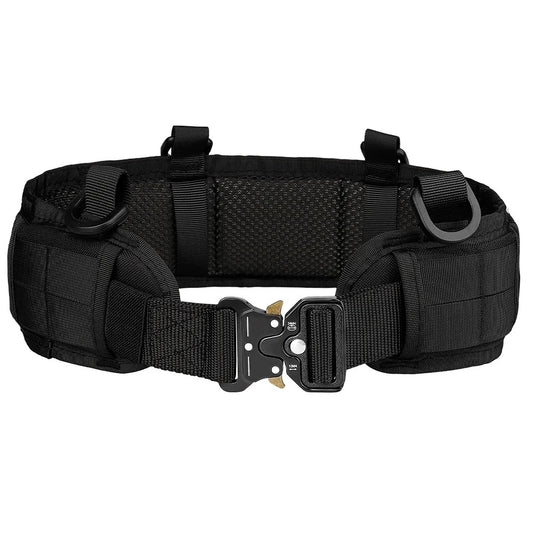 Black tactical MOLLE belt with alloy buckle, designed for outdoor use, survival gear setups, and heavy-duty tactical applications