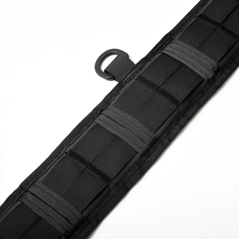 Close-up front view of black tactical survival belt showcasing durable Oxford fabric and alloy buckle, designed for survival and outdoor use