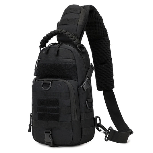 Black tactical sling bag with adjustable strap, MOLLE webbing, and multiple zippered compartments for organizing essentials. Rugged and compact design for outdoor activities or everyday carry.