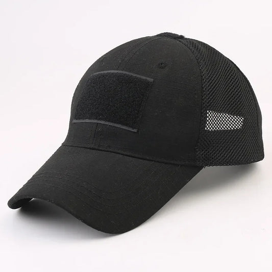 Black mesh cap with Velcro patch, featuring black front and breathable mesh back — ideal for tactical, outdoor, or military-style wear.