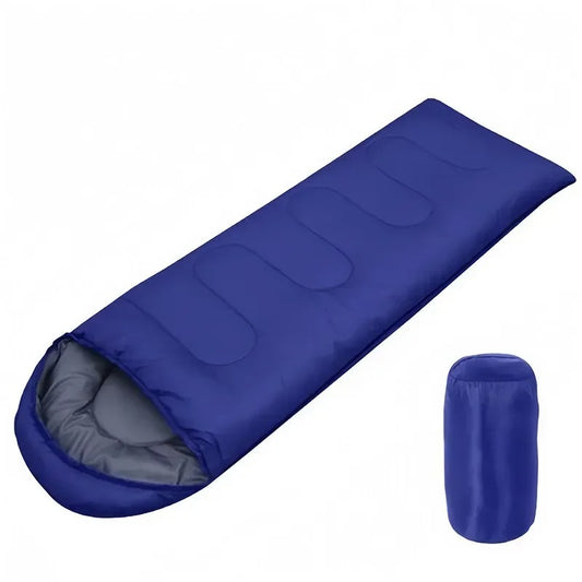 Blue envelope-style 4-season sleeping bag with waterproof shell, breathable inner lining, and compression sack — ideal for camping, hiking, backpacking, and all-weather outdoor use.