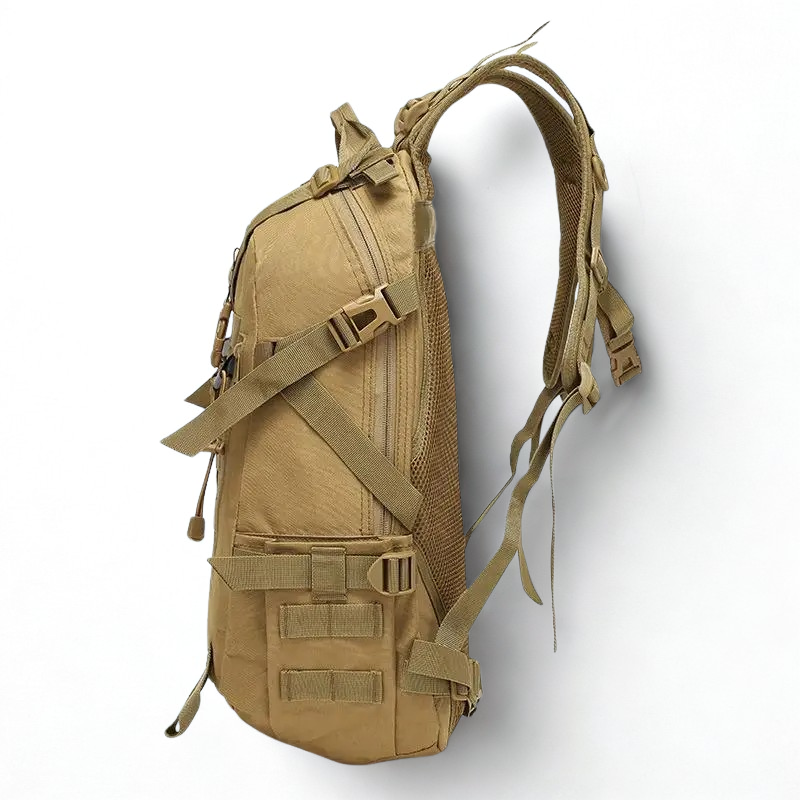 Side view of brown military-style backpack showing MOLLE webbing, side pouches, and streamlined, rugged design — ideal for outdoor and tactical use.