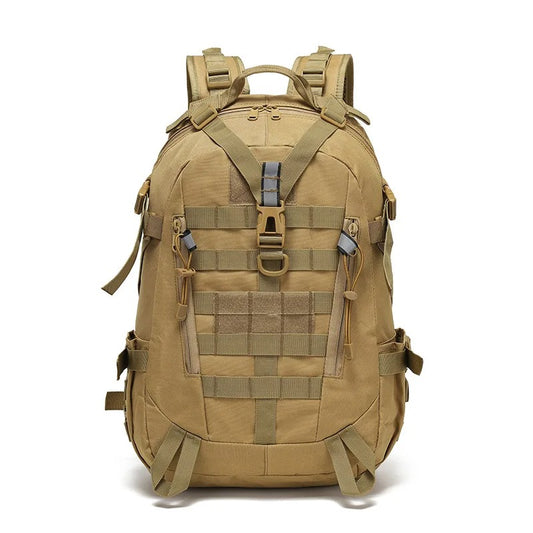 Brown military backpack with MOLLE webbing, multiple compartments, and durable construction — ideal for outdoor adventures, tactical use, and everyday carry.
