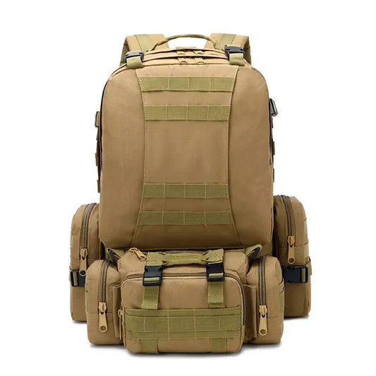 Brown military camping backpack with spacious main compartment, additional secondary pouch, modular combo bag, and side pockets — ideal for rugged outdoor and tactical activities.
