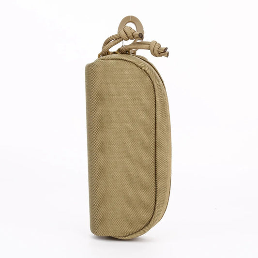 Brown MOLLE glasses case in mud color, featuring durable 1000D nylon construction, zipper closure, and tactical webbing for secure attachment.