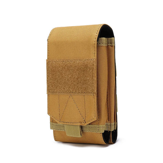 Brown MOLLE phone pouch featuring durable Oxford construction, hook‑and‑loop flap, and compact design — ideal for carrying a mobile phone, wallet, and small gear during outdoor or tactical activities.