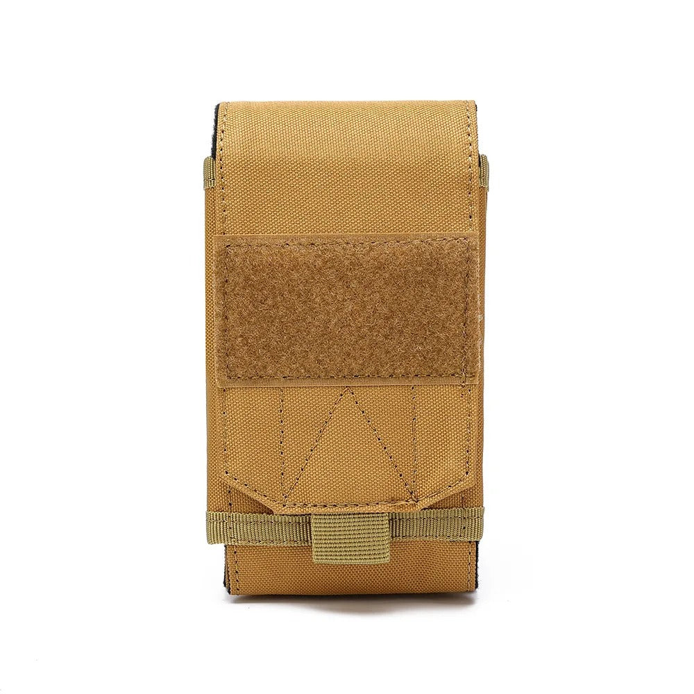 Front view of brown mobile pouch with hook-and-loop closure, compact design, and MOLLE-compatible straps — ideal for carrying phones and small essentials.