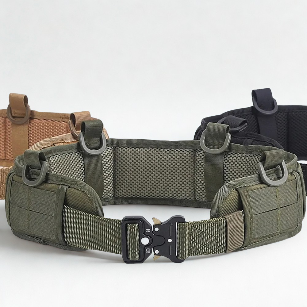 Three tactical MOLLE survival belts in brown, olive green, and black, displayed side by side to show available color options for outdoor and tactical use