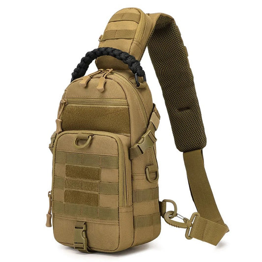Army green tactical sling chest bag with MOLLE system, multiple zippered compartments, and built-in tablet storage – ideal for hiking, fishing, camping, and everyday use.