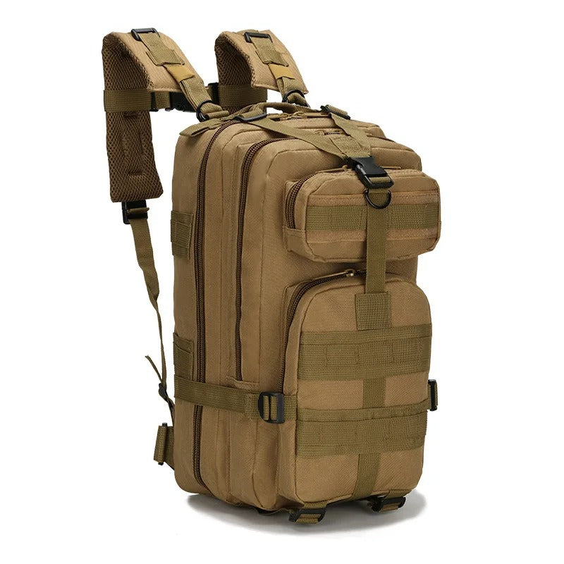 Brown tactical backpack with multiple compartments, MOLLE system, adjustable shoulder straps, and sturdy construction, designed for outdoor hiking and military use.