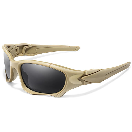 Brown polarized tactical sunglasses with a sleek, durable frame shown in front and side view, built for outdoor performance and cycling.