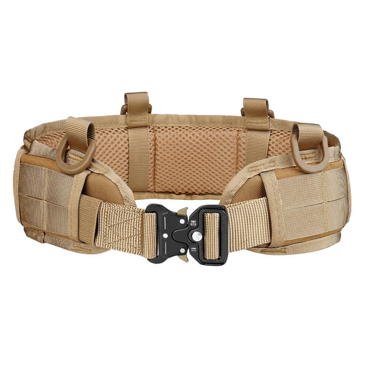 Brown tactical MOLLE survival belt with alloy buckle and rugged Oxford fabric, designed for outdoor missions and secure gear attachment