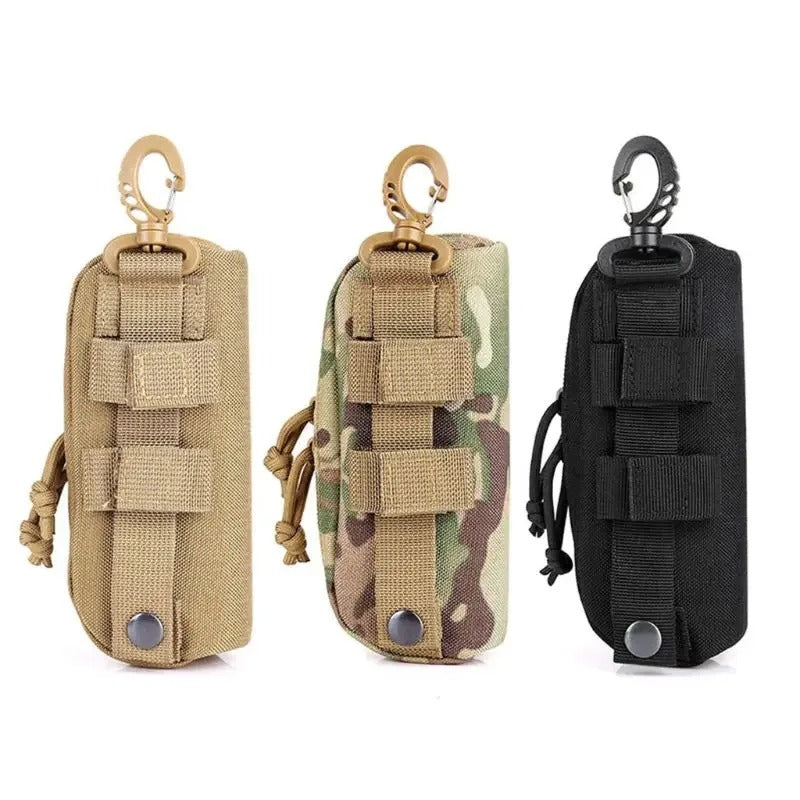 Three MOLLE tactical glasses cases in camouflage, black, and brown (mud) colors, made from durable 1000D nylon with zipper closures, displayed side by side for comparison, back view.
