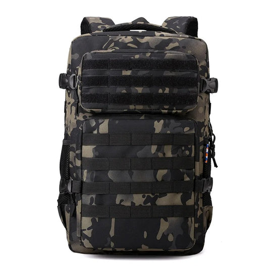Camouflage Black And Khaki Men's Classic Tactical Backpack – Front view showcasing the rugged Oxford fabric and tactical design.