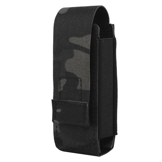 Camouflage black pepper spray pouch with hook-and-loop closure, fits securely on a belt, ideal for tactical and outdoor activities.