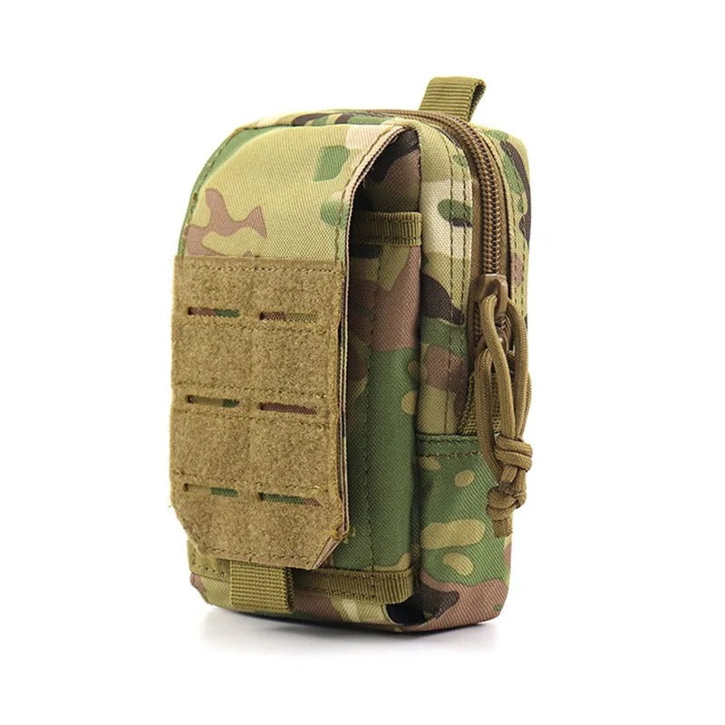 Camouflage green tactical pouch with zippered compartments and MOLLE straps — ideal for outdoor, hiking, and tactical gear organization.