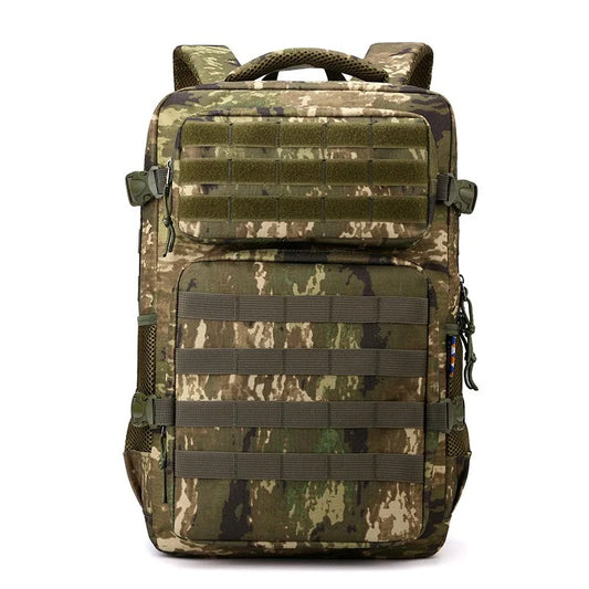 Camouflage Khaki & Green Men's Classic Tactical Backpack – Front view showcasing the rugged Oxford fabric and tactical design.