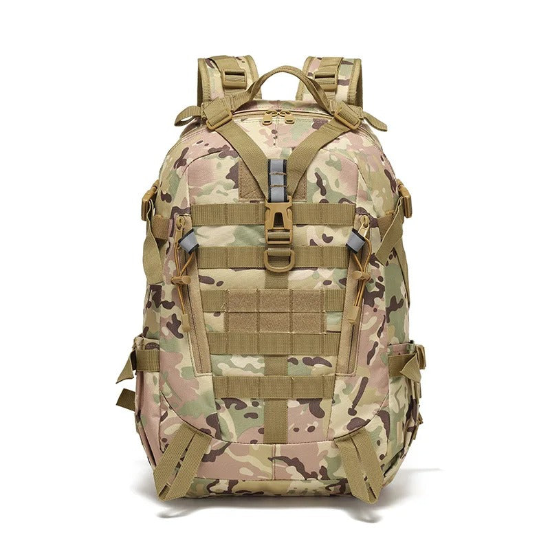 Camouflage military backpack with spacious compartments, MOLLE webbing, and rugged design — built for outdoor, survival, and tactical use.