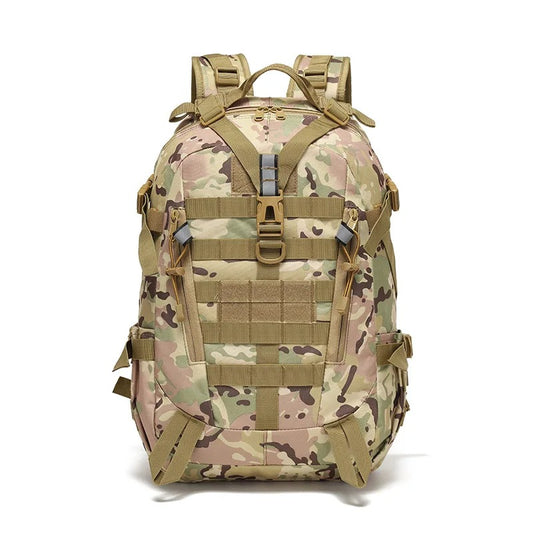 Camouflage military backpack with spacious compartments, MOLLE webbing, and rugged design — built for outdoor, survival, and tactical use.