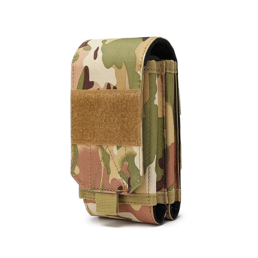 Camouflage MOLLE phone pouch with hook-and-loop closure and rugged design — ideal for carrying phones, wallets, and gear during tactical or outdoor activities.