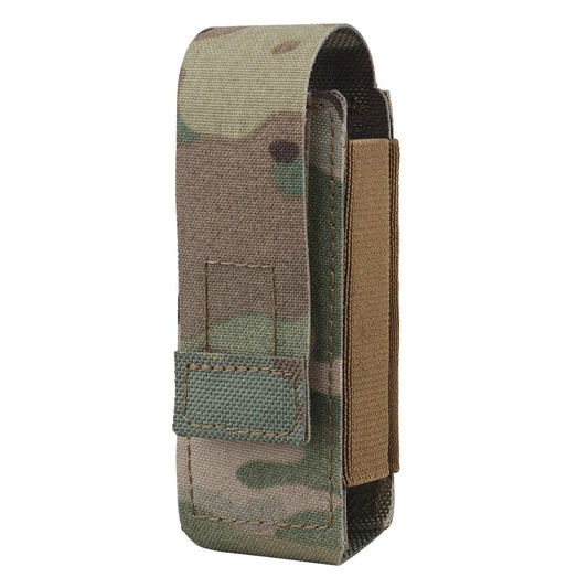 Camouflage tactical pepper spray pouch with hook-and-loop closure, ideal for military or outdoor use.