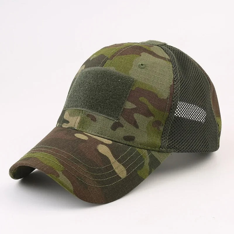 Camouflage print green mesh cap with Velcro patch, featuring camouflage print green front and breathable mesh back — ideal for tactical, outdoor, or military-style wear.