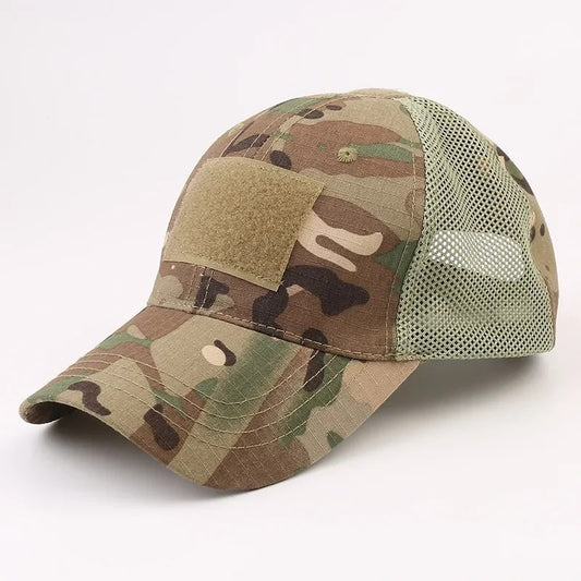 Camouflage print mesh cap with Velcro patch, featuring camouflage print front and breathable mesh back — ideal for tactical, outdoor, or military-style wear.