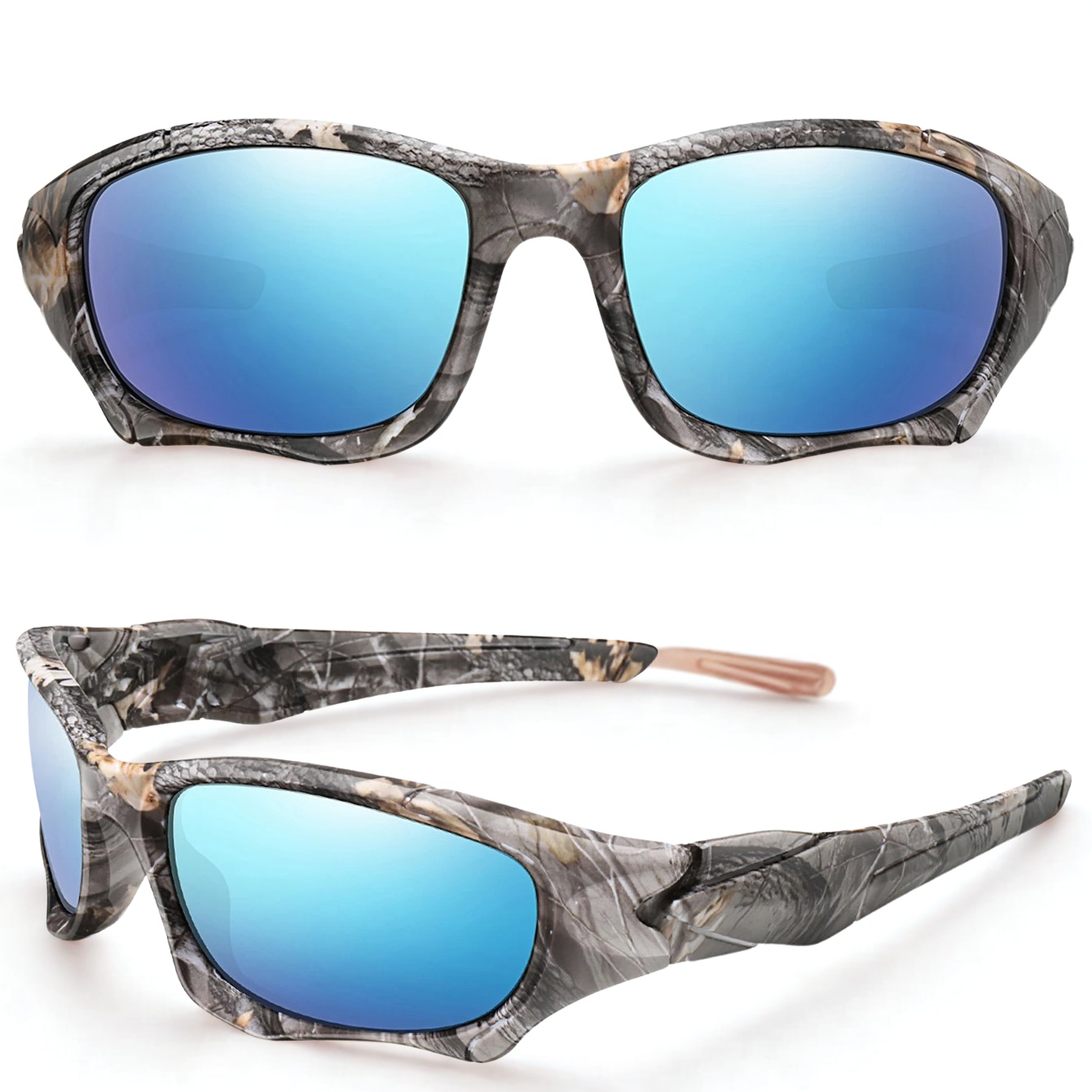 Camouflage tactical sunglasses shown from front and side angles, featuring a rugged frame and polarized lenses for enhanced outdoor visibility.