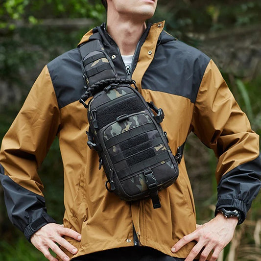 Man wearing a camouflage tactical sling bag across his chest, showcasing its compact size, adjustable strap, and MOLLE webbing—ideal for outdoor or everyday use.
