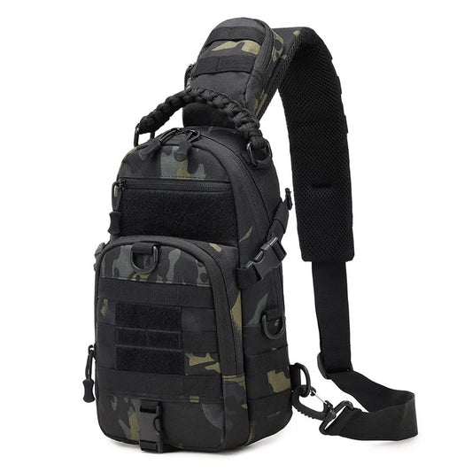 Camouflage tactical sling bag featuring MOLLE webbing, adjustable strap, and several zippered compartments. Designed for rugged outdoor activities and everyday carry.