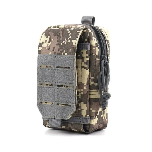 Camouflage tactical MOLLE pouch with reinforced webbing, front and main zippered compartments, and rugged nylon construction — designed for outdoor, survival, and tactical use.
