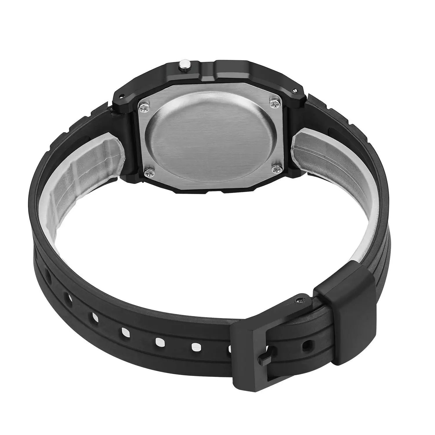 Rear view of a black digital watch with stainless steel case back and adjustable strap with pin buckle.