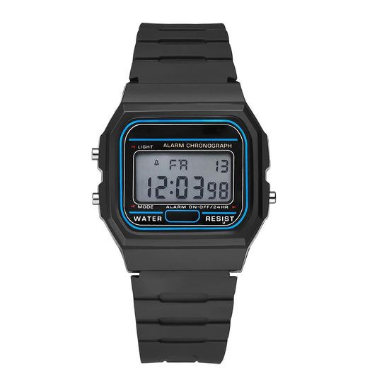 Classic black digital sports watch with rectangular display, showing time, date, and alarm status.