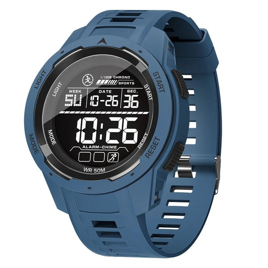 Dark blue waterproof digital sports watch for men.