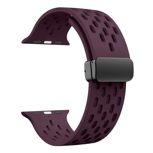 Dark purple perforated rubber sport strap for Apple Watch with black clasp, compatible with all Apple Watch sizes