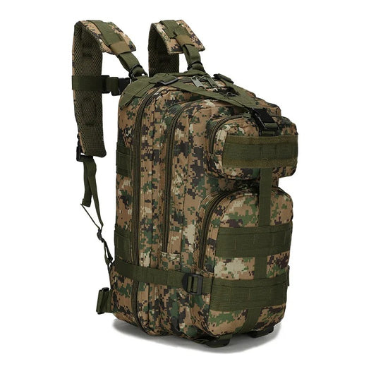 Digital camouflage green tactical backpack with multiple compartments, MOLLE system, adjustable shoulder straps, and sturdy construction, designed for outdoor hiking and military use.