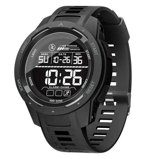 Black waterproof digital sports watch for men with LED backlight, stopwatch function, and 50m water resistance. 