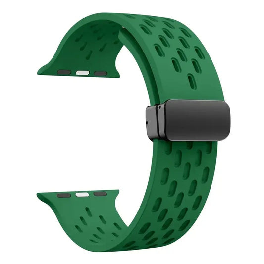 Grass green perforated rubber sport strap for Apple Watch with black clasp, compatible with all Apple Watch sizes