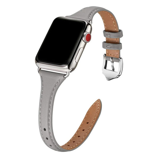 Elegant gray leather Apple Watch strap with silver hardware and classic pin buckle.