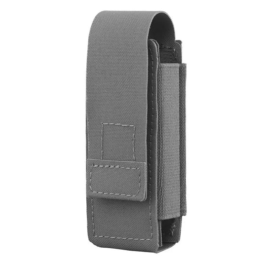Gray pepper spray holder with secure Velcro flap, designed for belt attachment, perfect for tactical or outdoor use.