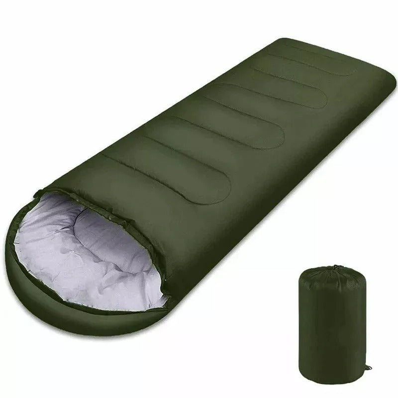 Green envelope-style 4-season sleeping bag with waterproof shell, breathable inner lining, and compression sack — ideal for camping, hiking, backpacking, and all-weather outdoor use.
