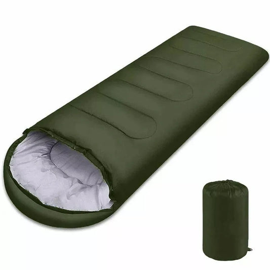 Green envelope-style 4-season sleeping bag with waterproof shell, breathable inner lining, and compression sack — ideal for camping, hiking, backpacking, and all-weather outdoor use.