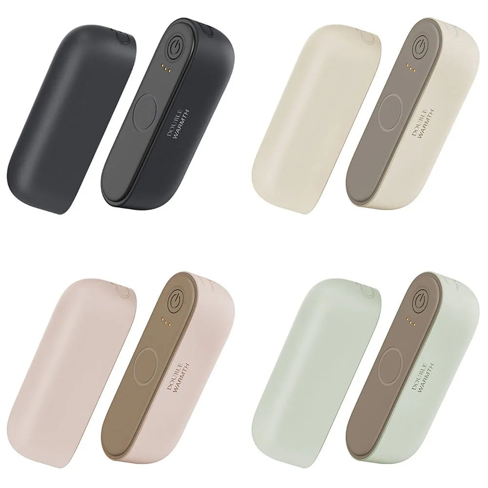 Black, beige, pink, mint 2-in-1 magnetic rechargeable hand warmers with ergonomic design, compact and portable electric pocket heater ideal for outdoor use and tech gifting.
